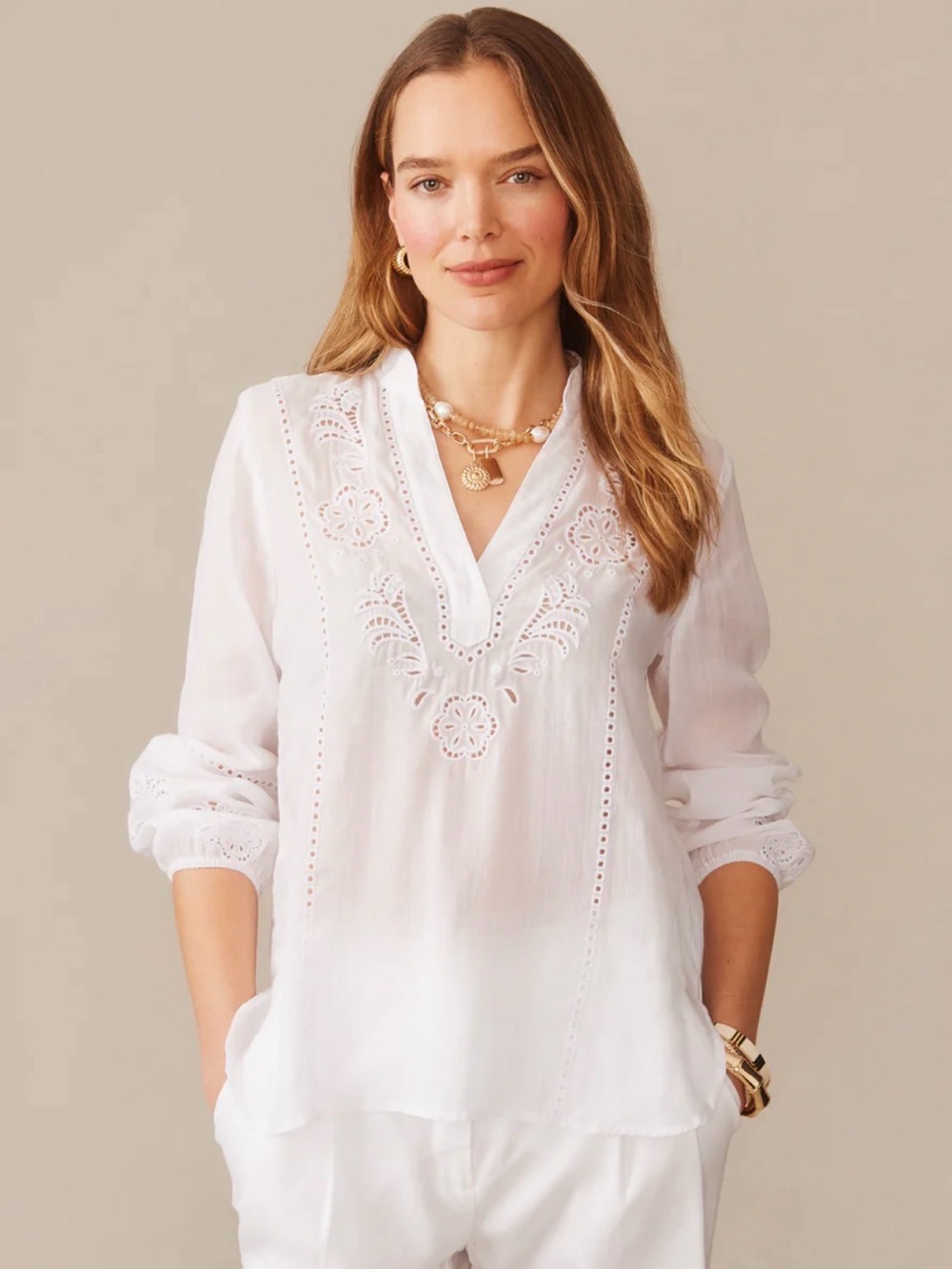 J. McLaughlin Varsha White Eyelet Embroidered V-Neck Tunic Top